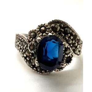 Vintage Sterling Silver deep Blue Sapphire and Marcasite Statement Ring Size 7